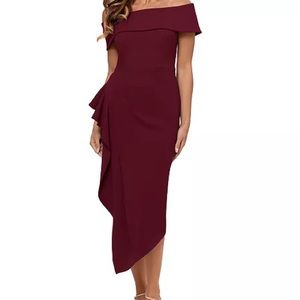 Betsy & Adam Burgundy Off The Shoulder Ruffle Dress Size 6